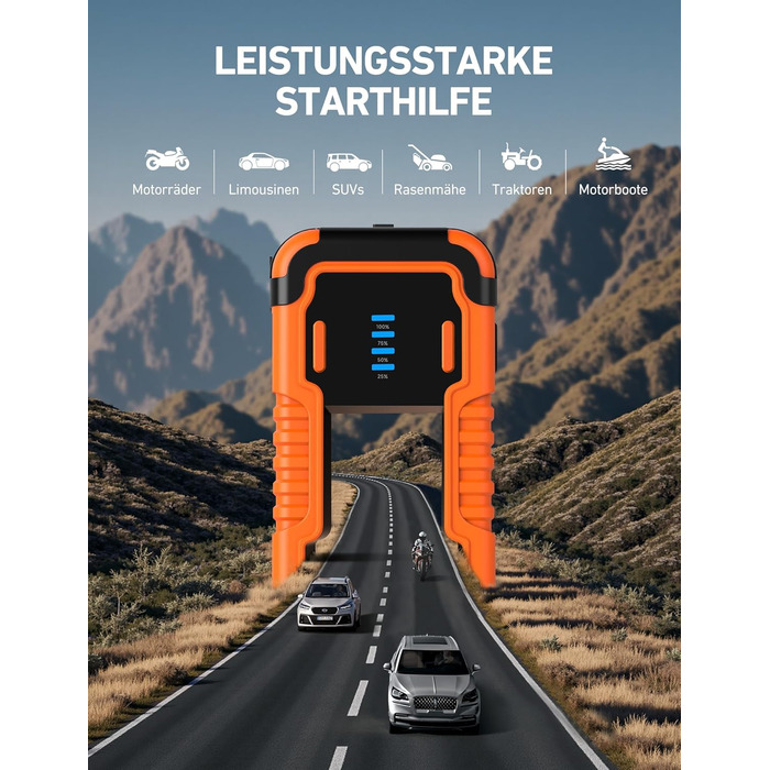 Powerbank AstroAI P10 для авто: пусковий пристрій, 10L бензин/8L дизель, 12V, LED, Orange