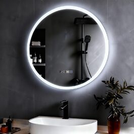 Дзеркало для ванної кімнати YOURLITE з підсвічуванням, діаметр 60 см, LED, сенсорне керування, 3 кольори світла, регулювання яскравості, антизапар, пам'ять, годинник, білий
