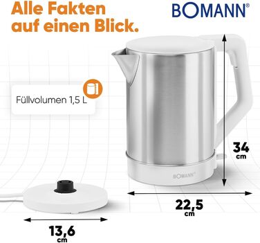 Електричний чайник Bomann WKS 3002 CB: нержавіюча сталь, 1,5 л, BPA free, зручне управління, білий