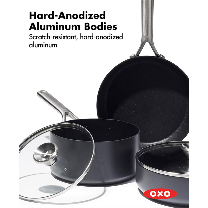 Набір посуду OXO Professionelles 5 предметів: каструлі та сковороди з керамічним покриттям, індукційні, з нержавіючої сталі, без PFAS, з алмазним посиленням, для посудомийної машини, чорний