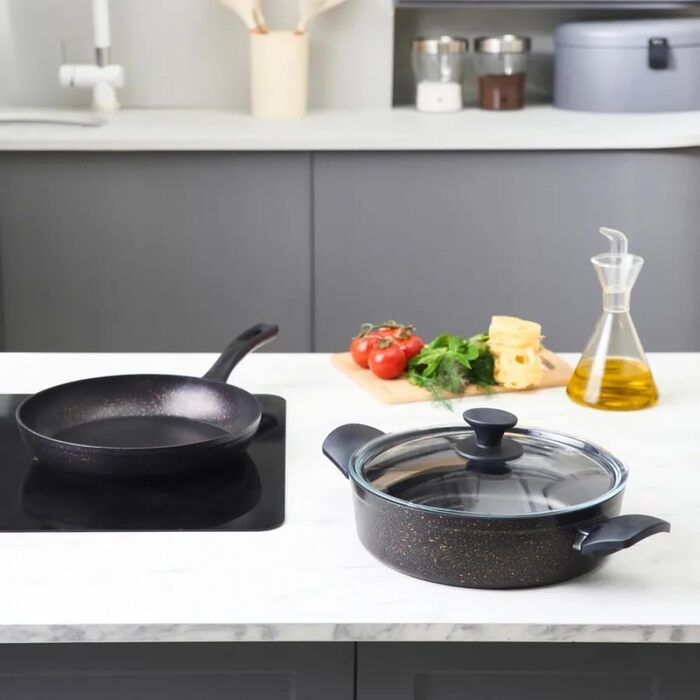 Набір кухонного посуду Karaca Biogranit Blackgold 12 предметів | Посуд з антипригарним покриттям | Стійкий до подряпин | Здоровий та екологічний | Енергоефективний | Елегантний дизайн | Легко миється