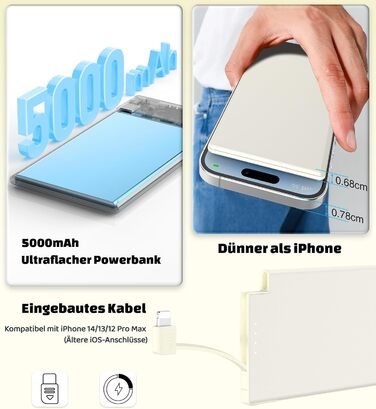 Power Bank Auskang 5000mAh Slim з кабелем для iPhone (сумісний з iPhone 14 та попередніми моделями) - тонкий, легкий, портативний зовнішній акумулятор (білий)