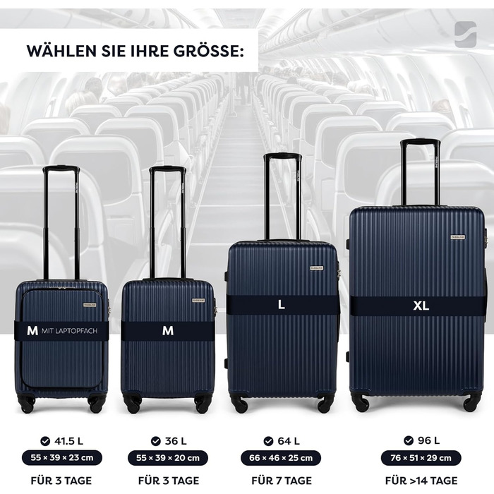 Набір валіз 3 шт: ручна, середнього та великого розміру. Чохол з ABS-пластику, 4 колеса, кодовий замок, телескопічна ручка. Набір валіз (малий + середній + великий). Колір: темно-синій, ручна валіза (M)