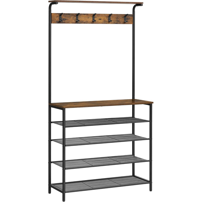 VASAGLE Coat Rack, Clothes Rack, Shoe Shelf, Coat Stand with 5 Double Hooks, 5 Levels, One Shelf on Top, for Apartments, Bedrooms, Hallways, Industrial Design, Vintage Brown-Black HSR408B01