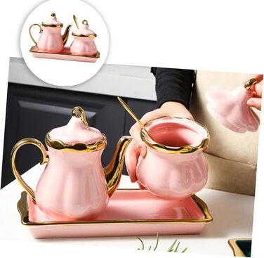 Ceramic Milk Pitcher and Sugar Bowl Set, Sugar Container, Milk Canister with Tray, Spice Jar with Lid and Spoon, Creamer, Coffee Service Set for Home, Cafe, Bar (Pink)