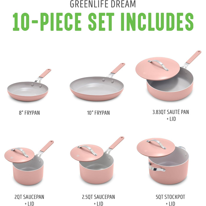 Набір посуду GreenLife Dream 10 предметів з керамічним покриттям, антипригарний, рожевий (Dusty Pink). Без PFAS та PFOA, для плити та духовки, безпечний, легко миється.