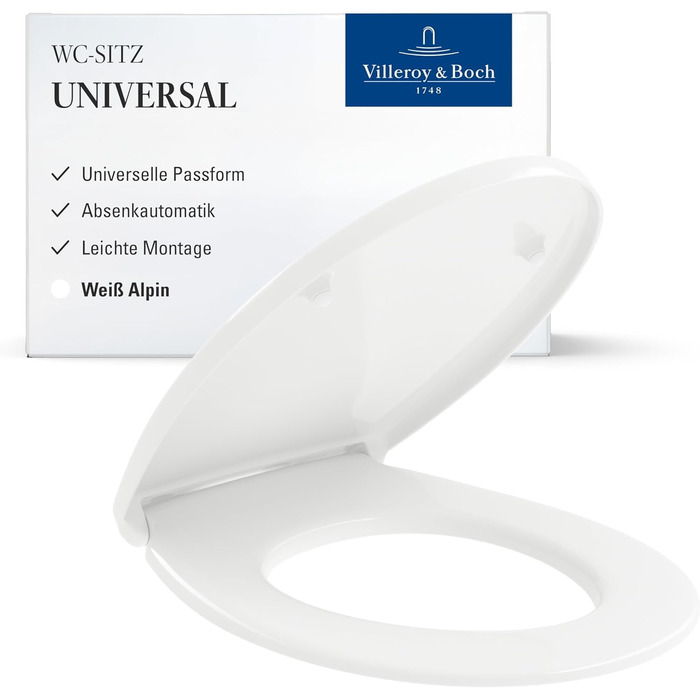 Універсальне сидіння для унітазу Villeroy & Boch овальної форми, біле глянцеве, з мікроліфтом (м'яке закриття), знімне та ударостійке, оригінальна запчастина