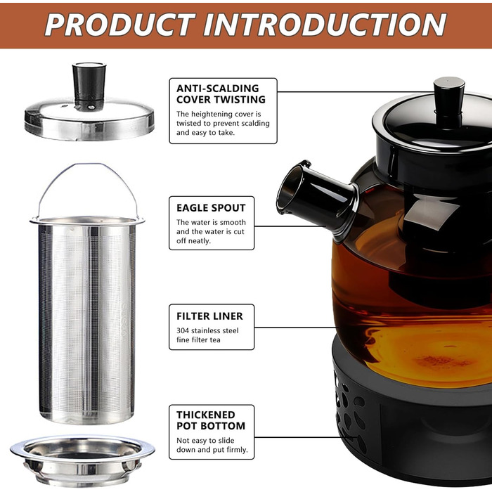 Скляний чайник для чаю з підставкою-підігрівачем та ситом, 1500 мл, заварник для листового та фруктового чаю