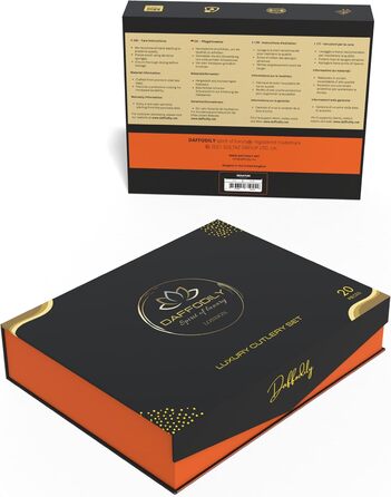 DAFFODILY Cutlery Set. Hammered 18/10 Stainless Steel Flatware. Mirror Finish, ultra-sharp steak knives, dishwasher safe. (Gold, 20)