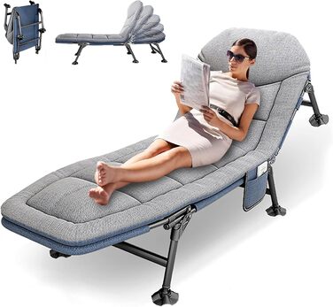 Розкладне ліжко-крісло для кемпінгу з матрацом, регульована спинка, ліжко для риболовлі, Outdoor ліжко XXL, 65x190x30 см, односпальне, для гостей, сіре