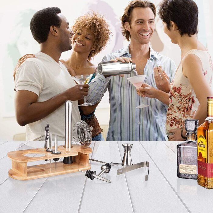 Набір шейкер для коктейлів Esmula 750 мл, 12 предметів, нержавіюча сталь, професійний барменський набір, комплект для приготування мартіні, стильний барний інструмент для дому, з книгою рецептів коктейлів (сріблястий)