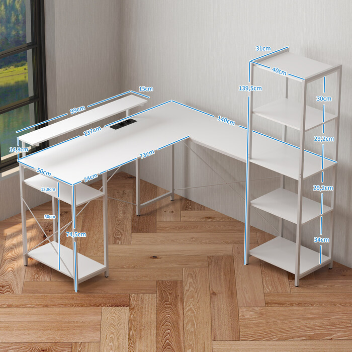 HOMCOM L-Shaped Gaming Desk with Shelf, Computer Desk with Monitor Stand, Power Outlet, USB Charging Port Corner Desk for Home Office, Bedroom, 137 x 140 x 139.5 cm White | Aosom
