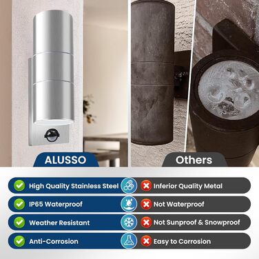 ALUSSO Вологостійкий вуличний світильник з датчиком руху, 2x8W LED, IP65, нержавіюча сталь, 3 колірні температури