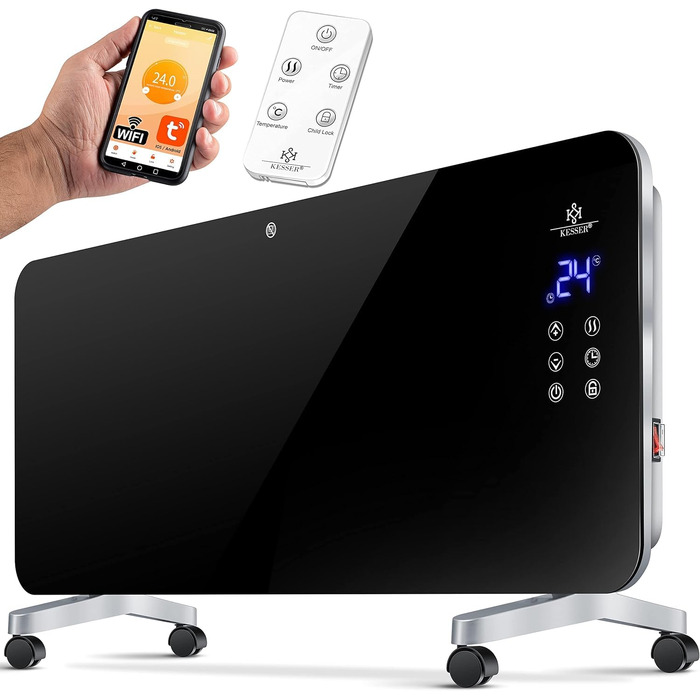 Скляний електричний конвектор KESSER з WiFi, APP та сенсорним керуванням, 2000 Вт, чорний — настінний та підлоговий обігрівач з таймером та пультом