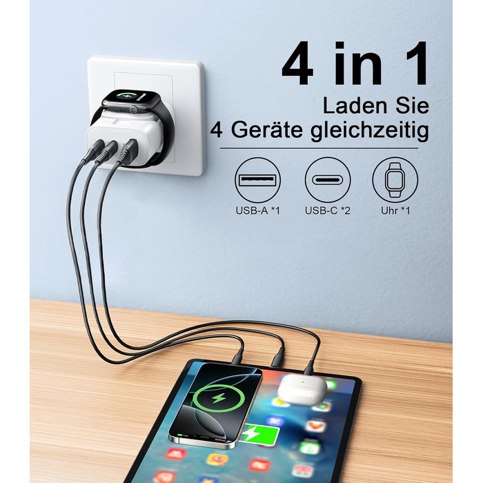 Зарядний пристрій 4-в-1 для Apple Watch та iPhone: 40W USB-C, швидка зарядка PD, сумісний з Apple Watch 10/9/8/7/6/Ultra/SE, iPhone 17/16/15 Pro Max, iPad, AirPods (Білий)