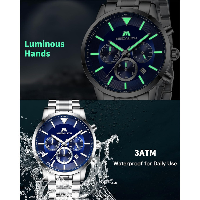 Чоловічий годинник MEGALITH з нержавіючої сталі, хронограф, водонепроникний, з великим циферблатом, датою, для роботи та відпочинку. Стильний подарунок для чоловіків (8345 Silver Blue)