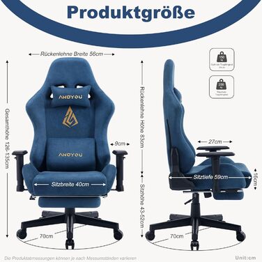 Ігрове крісло Andyou з підставкою для ніг, ергономічне дихаюче комп'ютерне крісло, регульовані підголівник, ленднева підтримка і підлокітники, навантаження до 150 кг, синє