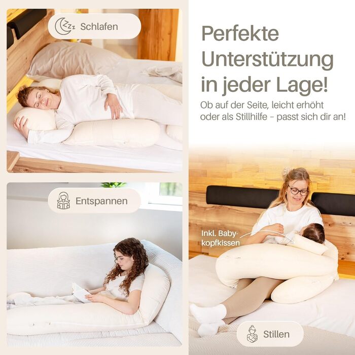 Подушка для вагітних та годування XL, Memory Foam, бавовняний чохол, бежева