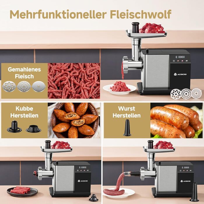 AAOBOSI Electric Meat Grinder - 3000W, LED Display, 3 Speeds, Anti-Clogging, Sausage Maker & Kibbeh Maker - Stainless Steel for Home Use
