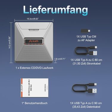 Зовнішній DVD-привід Alxum USB-C 3.0 з картридером SD/TF та додатковим USB-портом для ноутбука, DVD/CD запис та читання, Plug & Play, сірий