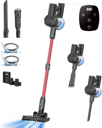 Бездротовий пилосос Vexilar Akku: 60 хв роботи, 45 kPa, 550 W, безщітковий двигун, LED дисплей, 6-в-1, тихий, для дому/авто, підходить для твердих поверхонь, килимів, шерсті тварин, зелений (червоний)