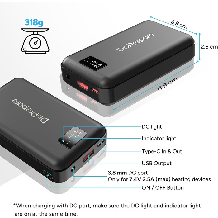 Powerbank Dr.Prepare 16000 mAh: заряд для обігрівальної жилетки, телефону, планшета, маски для очей, вентилятора. 3 виходи: USB, Type-C (In/Out), DC 5V/7.4V