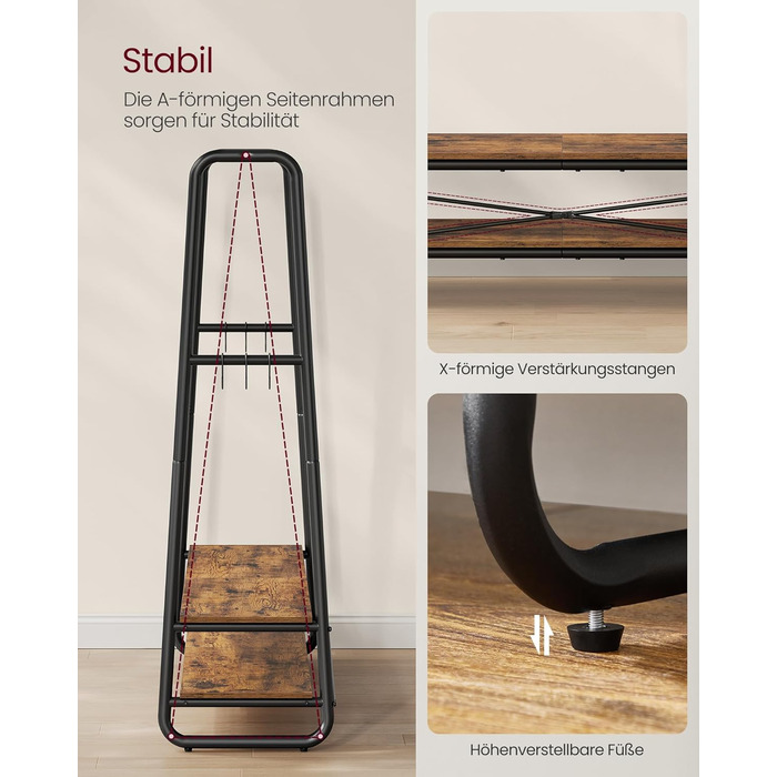 Стійка для одягу VASAGLE RGR119W09, гардеробна стійка з 2 полицями та 6 гачками, сталевий каркас, 45 x 138 x 160 см, для спальні, коридору, прихожої, бежево-білий колір