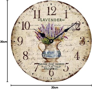 YOAI Wall Clock Kitchen Clock Vintage Shabby CHIC Antique Nostalgia Rustic MDF Quartz Clock with Silent Movement, 12 inch/30CM Ø (Lavender in Pot)