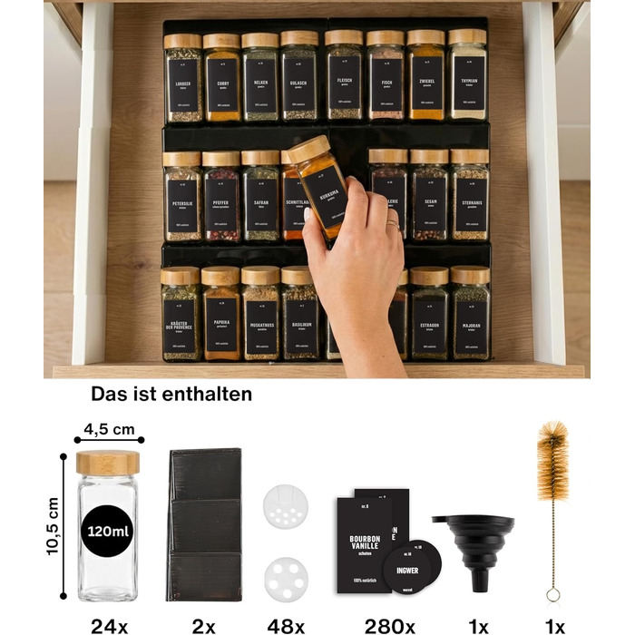 Органайзер для спецій Deco haus® з 24 скляними баночками та етикетками, бамбукова кришка, чорний - полиця для спецій у шухляду
