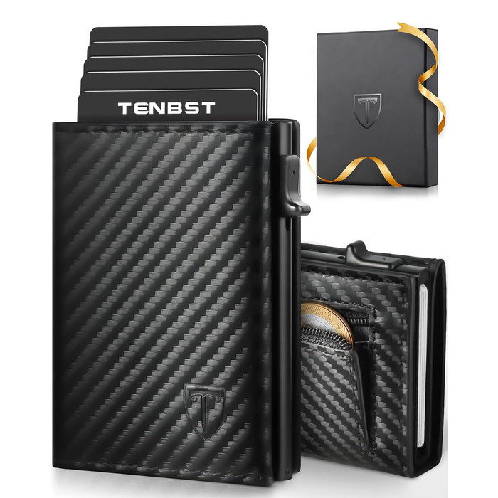 Чоловічий гаманець TENBST: тонкий, з відділенням для монет та RFID-захистом. Карна картхолдер, міні-портмоне, чорний карбон. Ідеальний подарунок.
