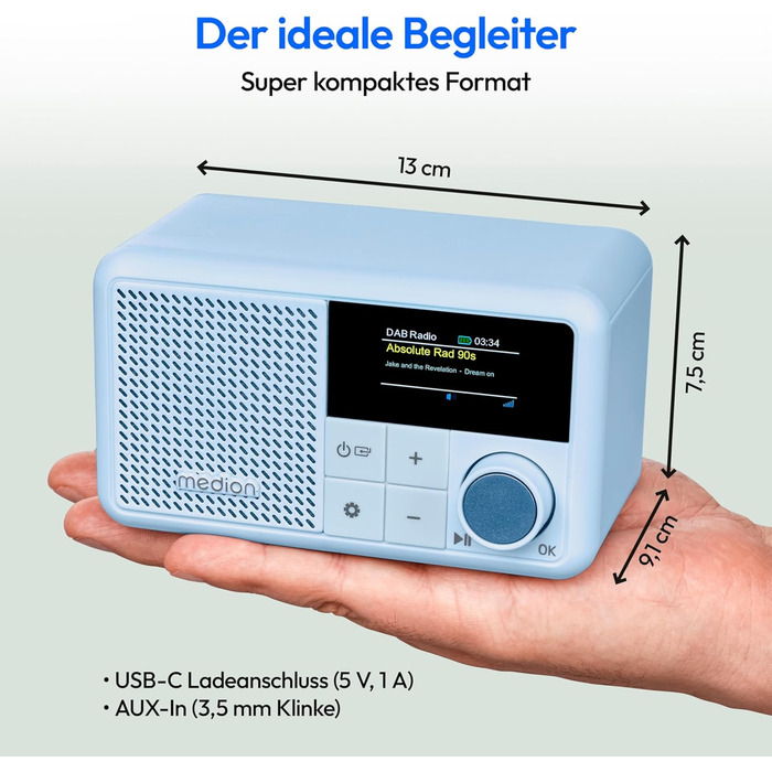 MEDION S66822 Портативне міні-радіо DAB+ з Bluetooth, акумулятор до 6,5 годин, кольоровий дисплей, телескопічна антена, таймер сну, будильник, AUX, USB-C, зелений (блакитний)