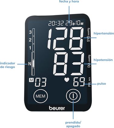 Тонометр Beurer BM 64 для вимірювання артеріального тиску з детекцією фібриляції передсердь (AFib), підключення до додатку, запатентований індикатор спокою, манжета для обхвату рук 22-42 см, медичний пристрій (підсвічуваний чорний дисплей, USB-порт)