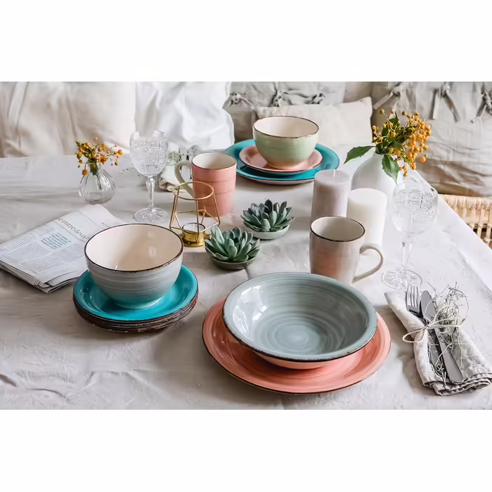 MÄSER Dinnerware Set for 6 People in Modern Vintage Look, 12-Piece Tableware Set, Hand-Painted, Blue, Stoneware, Smoke Blue (Bel Tempo II)