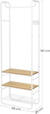 VASAGLE Coat Rack, Coat Stand, Clothes Rail, with Shoe Storage, Shoe Shelf, Entryway, Bedroom, 58 x 28 x 181 cm, Scandinavian, Matte White-Gold Oak