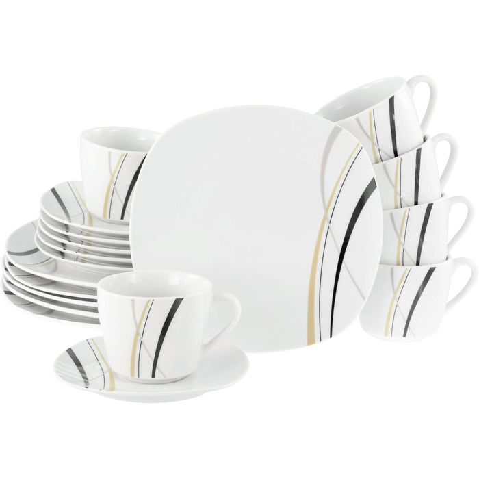 CreaTable Серія Square City Line, 12-piece Geschirrset для 6 осіб, порцеляновий сервіз, придатний для миття в посудомийній машині та мікрохвильовій печі, преміум-якість (кавовий сервіз на 18 осіб)