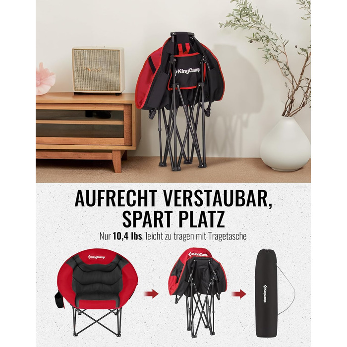Крісло для кемпінгу KingCamp Moonchair XXL: зручне, з підлокітником, витримує до 205 кг, для відпочинку на природі, саду, риболовлі та балкону (червоний)