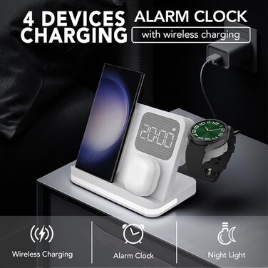 Бездротовий зарядний пристрій 4-в-1 з будильником, сумісний з Samsung Galaxy (Watch, Buds, Fold, Flip, S-серія)