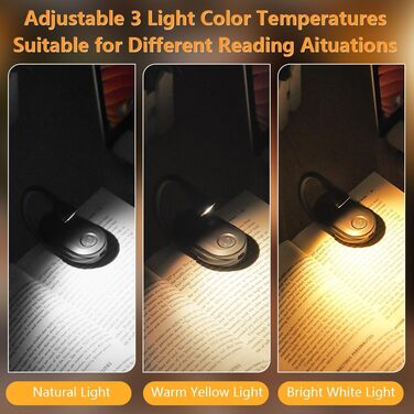 Світлодіодна лампа для читання з кріпленням, акумуляторна, 3 режими температури кольору, USB, гнучка на 360°, для читання в ліжку, ідеальна для книголюбів та дітей, чорна