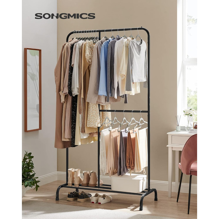 SONGMICS Clothes Rack, Clothes Rod, Holds up to 100 kg, with Adjustable Rod, for Bedroom, Living Room, Hallway, Black HSR103B01