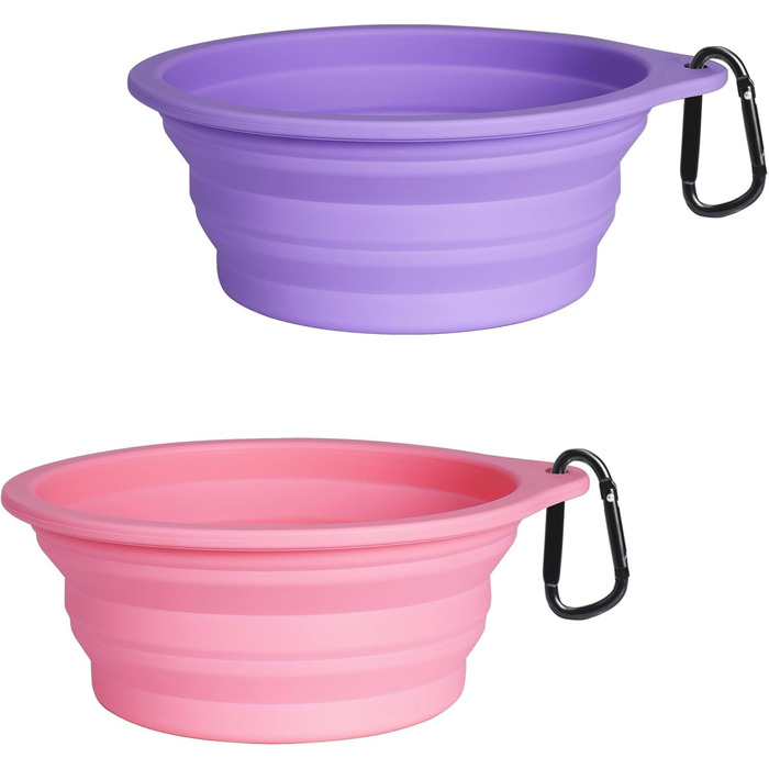 Складані годівниці для собак PetBonus (2 шт.) з силікону, 1000 мл, для води та корму, з карабіном, фіолетовий, рожевий