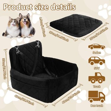 Автокрісло для собак, 40x40x35 см, чорне. Підходить для маленьких та середніх собак. З двома ременями кріплення.