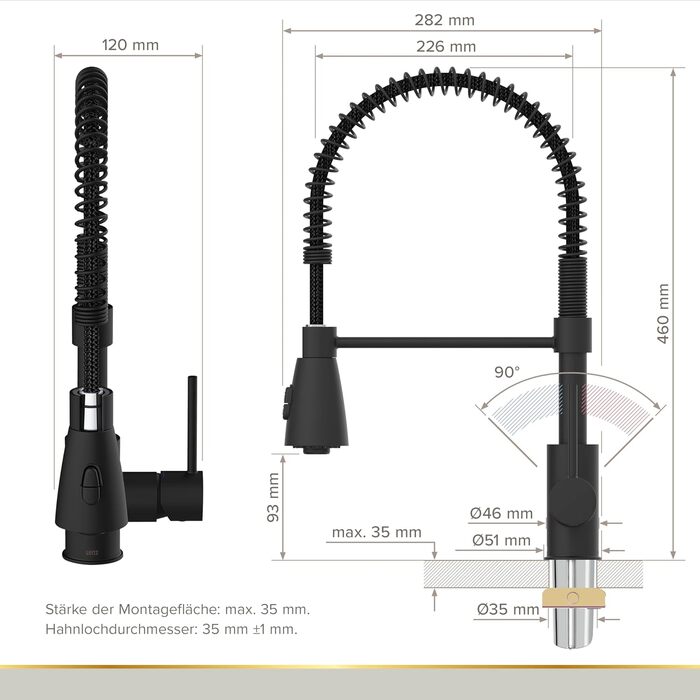 Кухонний змішувач Lenz KALANI² в стилі - з регульованою насадкою для миття посуду – легка установка та висока якість обробки – 46070322 (Для високого тиску, Чорний)