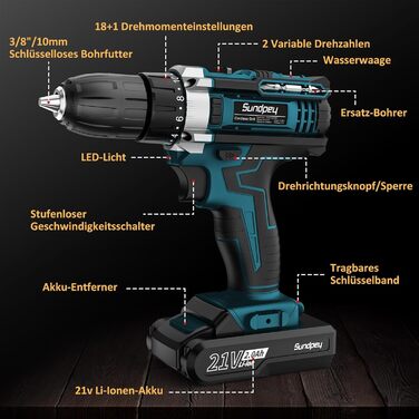 Акумуляторний шуруповерт Sundpey 21V з 2x2000mAh акумулятором, 45 Нм, 2 швидкості, 18+1 момент, патрон 10мм, набір 19шт для дому та DIY, блакитний