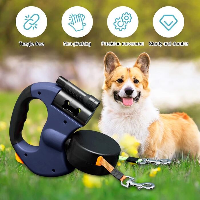 Рулетка для собак з подвійною лінією CRWEOM – для 2 собак, з LED-підсвічуванням, поворотним механізмом 360° та ергономічною ручкою (Блакитний)