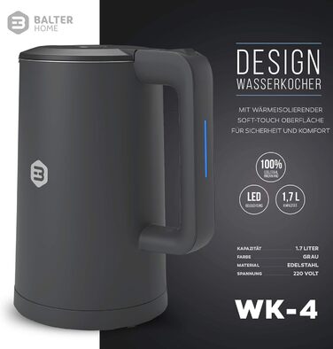 Balter Stainless Steel Kettle WK-4, 1.7 Liter, Electric Kettle, Double-Walled Design, BPA Free, LED, Compact Tea Kettle, Quiet (Black) (Gray)