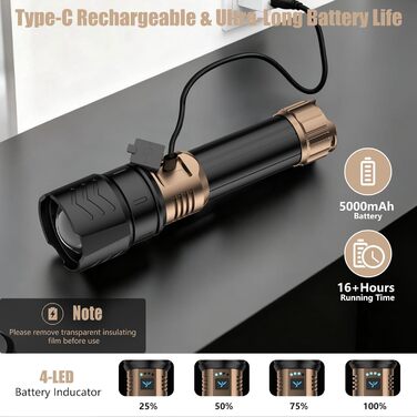 Ліхтар налобний LED Skyfire 900000 Люмен з лінзою для розпалювання вогню, USB-зарядка, 4 режими яскравості, Zoom, для кемпінгу, надзвичайних ситуацій та походів (чорне золото)