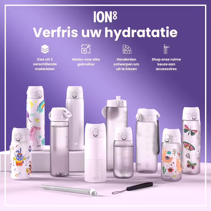 ion8 Insulated Stainless Steel Drinking Bottle 320 ml Leak-Proof One-Hand Opening Secure Lock Dishwasher Safe Flip Lid Carrying Handle Easy to Clean, Durable, Pink Unicorn