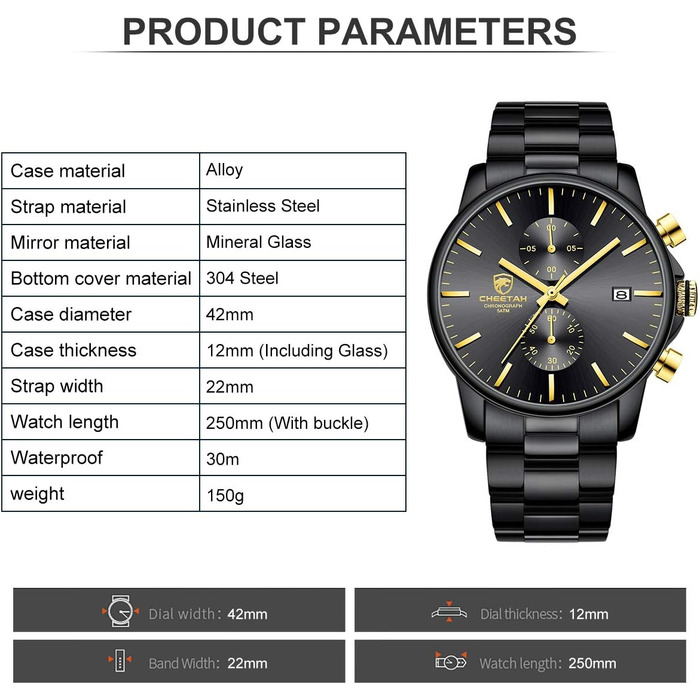 Чоловічий годинник-хронограф з нержавіючої сталі та металу, водонепроникний, з автоматичним календарем та кольоровими стрілками (Золотий, Чорний)