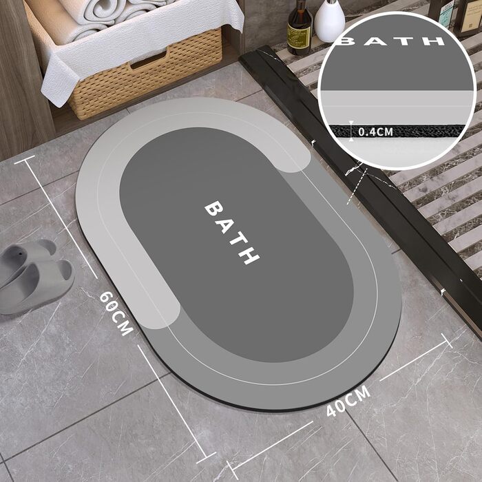 Килимок для ванної кімнати, гумовий, швидковисихаючий, неслизький, 40 x 60 см (Світло-сірий)