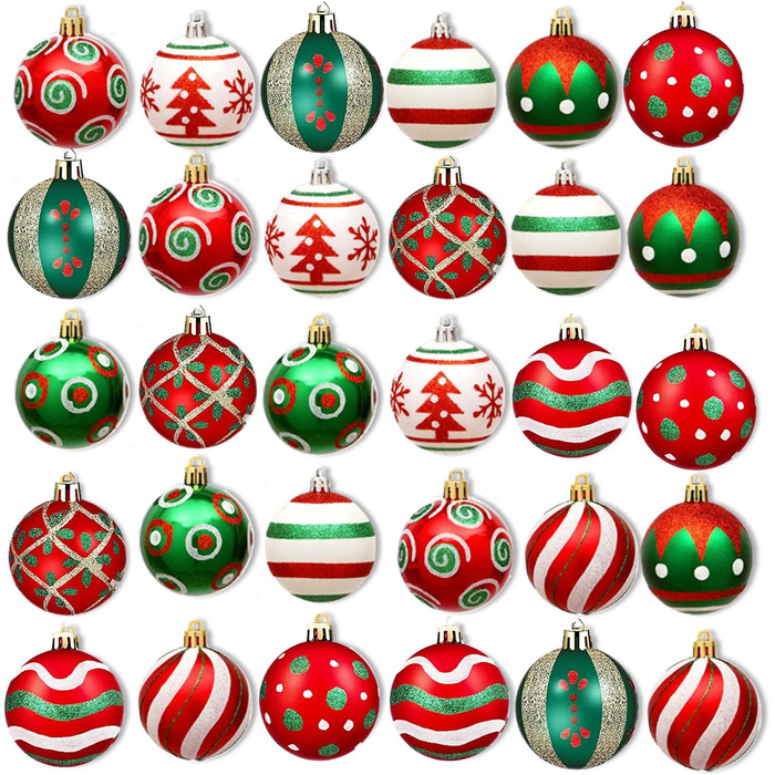 Набір прикрас на ялинку на Різдво, 30 шт, 60 мм, пластикові ялинкові кулі з гачками, для ялинки, вечірки, весілля (червоний, зелений, білий)